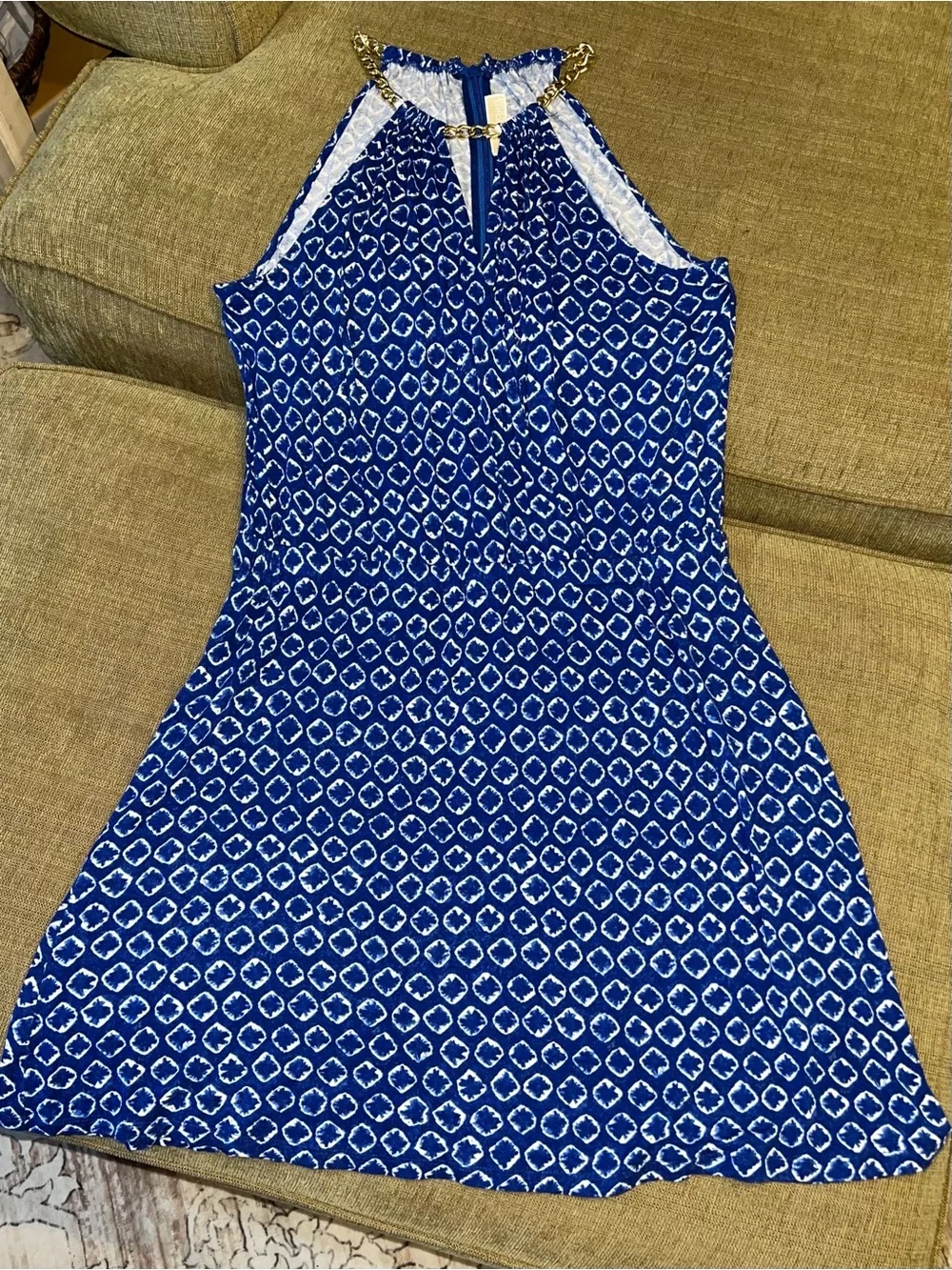 Michael Kors Blue Printed Halter Dress with Gold Chain Detail